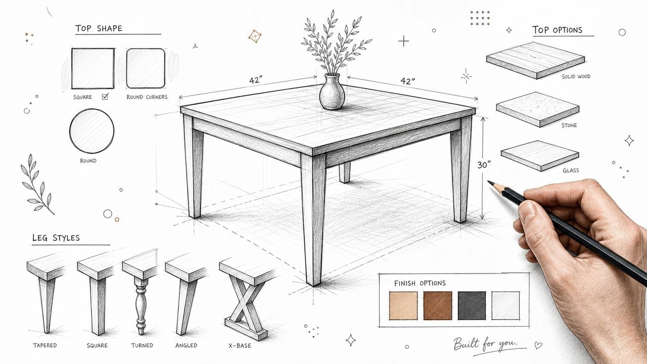 A hand drawing a technical sketch of a customizable square dining table with various design options.