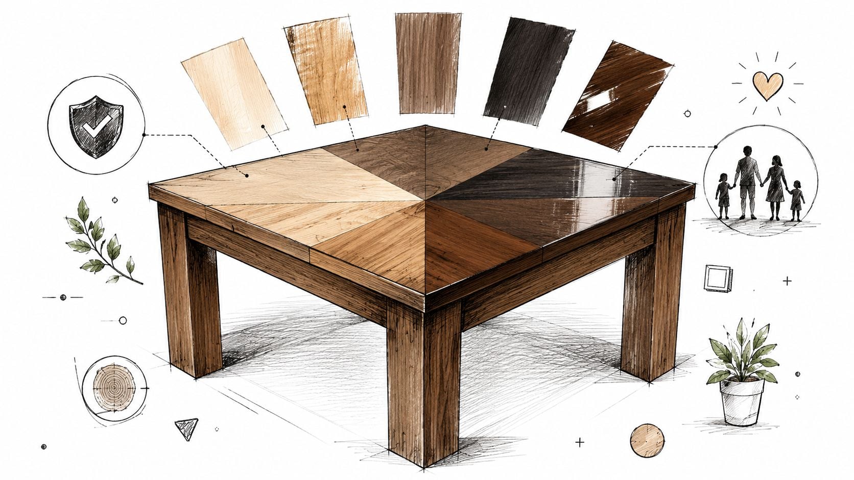 A square wooden dining table illustrating various wood grain finishes with protective coating and family lifestyle imagery.