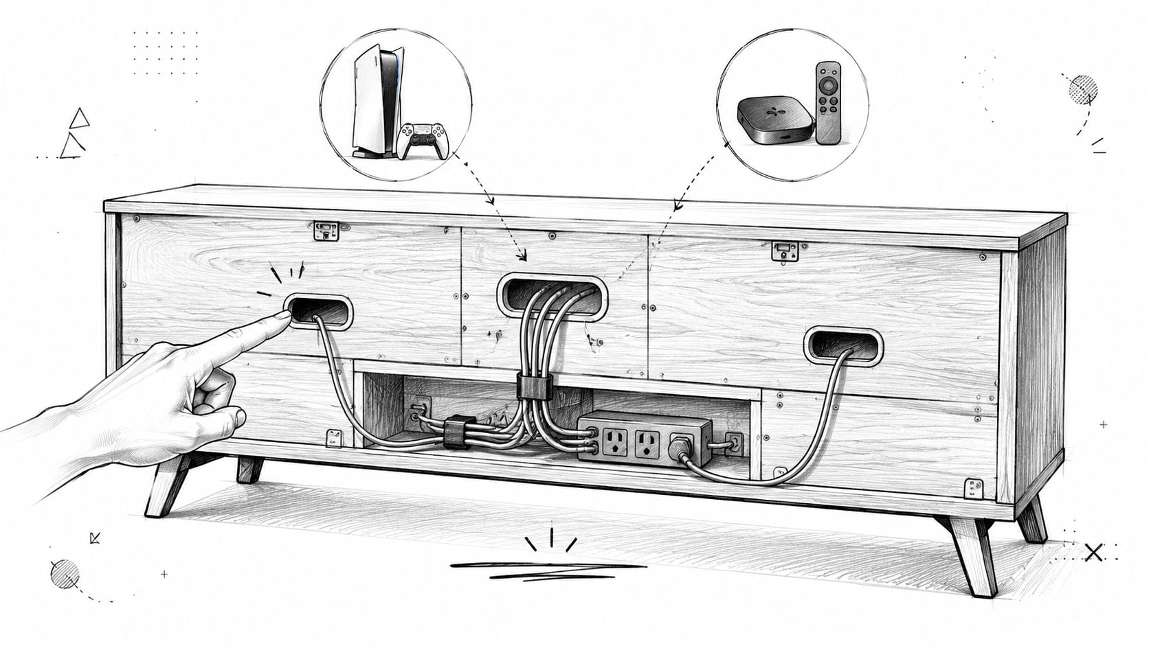 A detailed drawing of a modern TV stand showing organized cable management for electronic devices like consoles.
