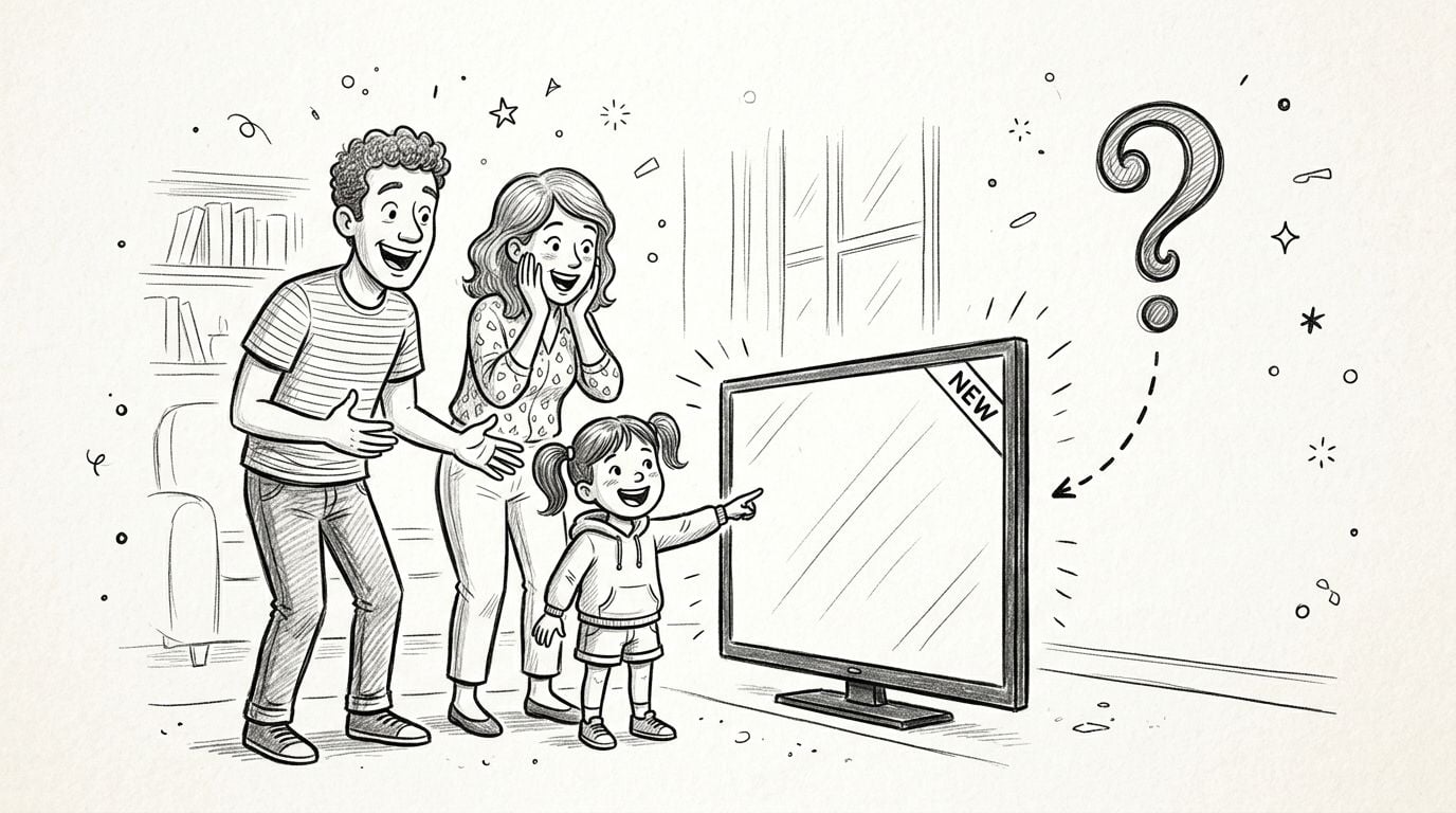 A happy family excitedly looking at a new television screen in their living room.