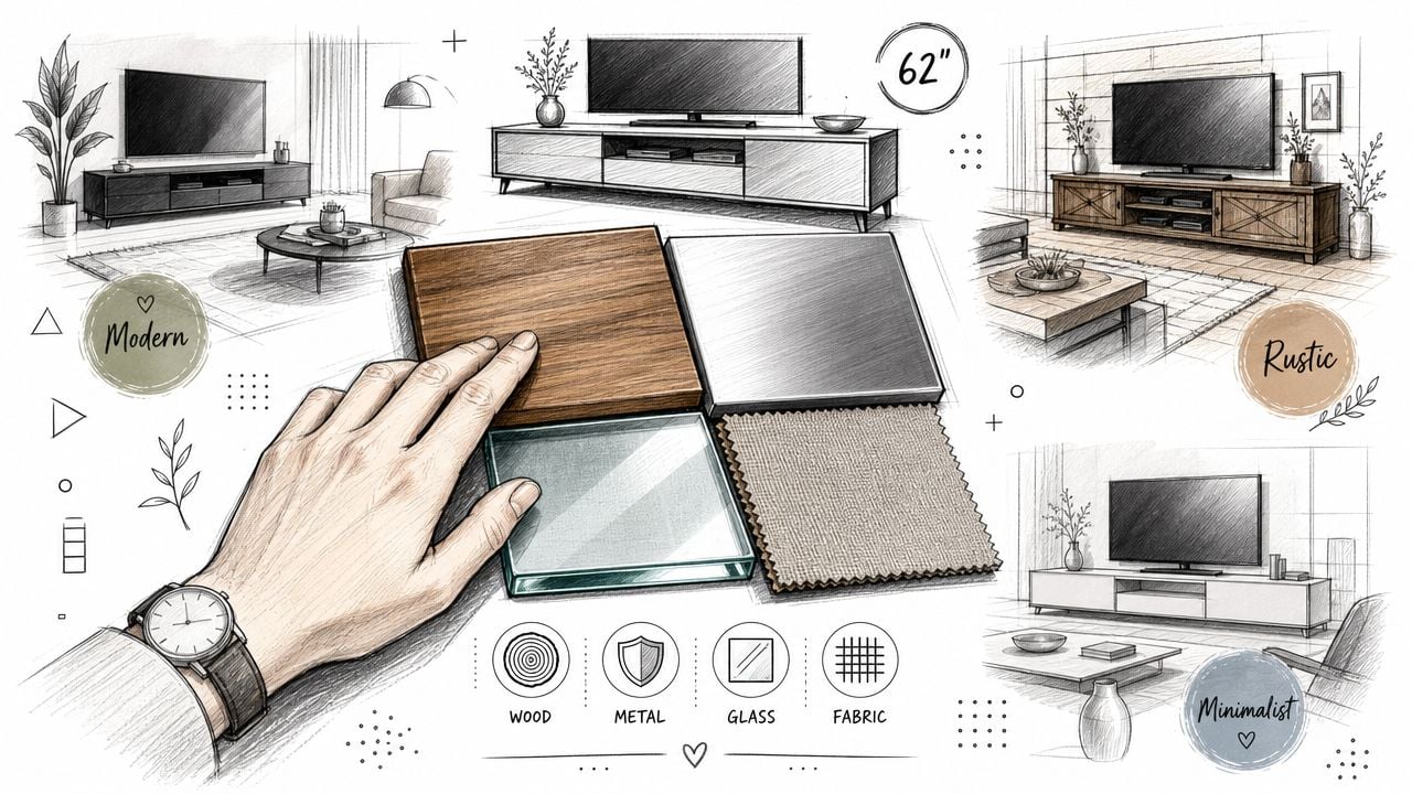 A hand touching material samples for interior design next to sketches of 62 inch TV stand styles.