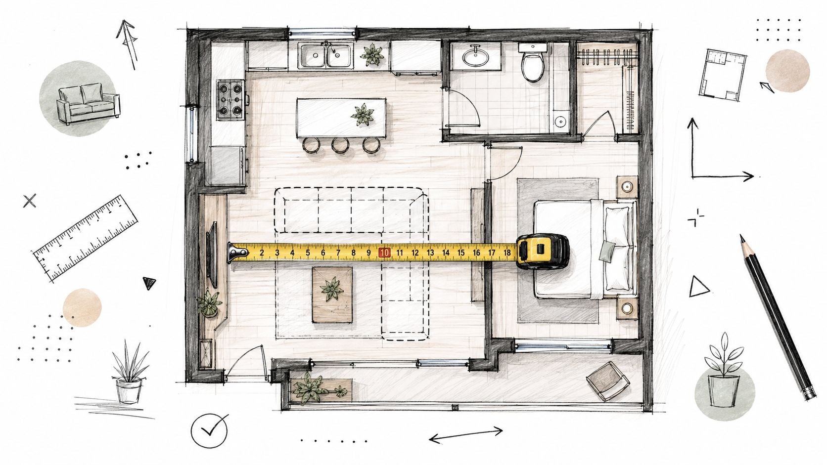 A hand-drawn architectural floor plan of a small apartment featuring a sectional sofa, bedroom, and kitchen area.