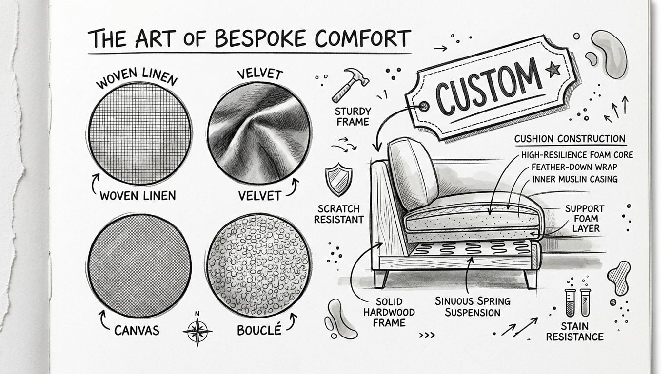 A hand-drawn infographic titled The Art of Bespoke Comfort, detailing furniture fabric options and upholstery construction components.