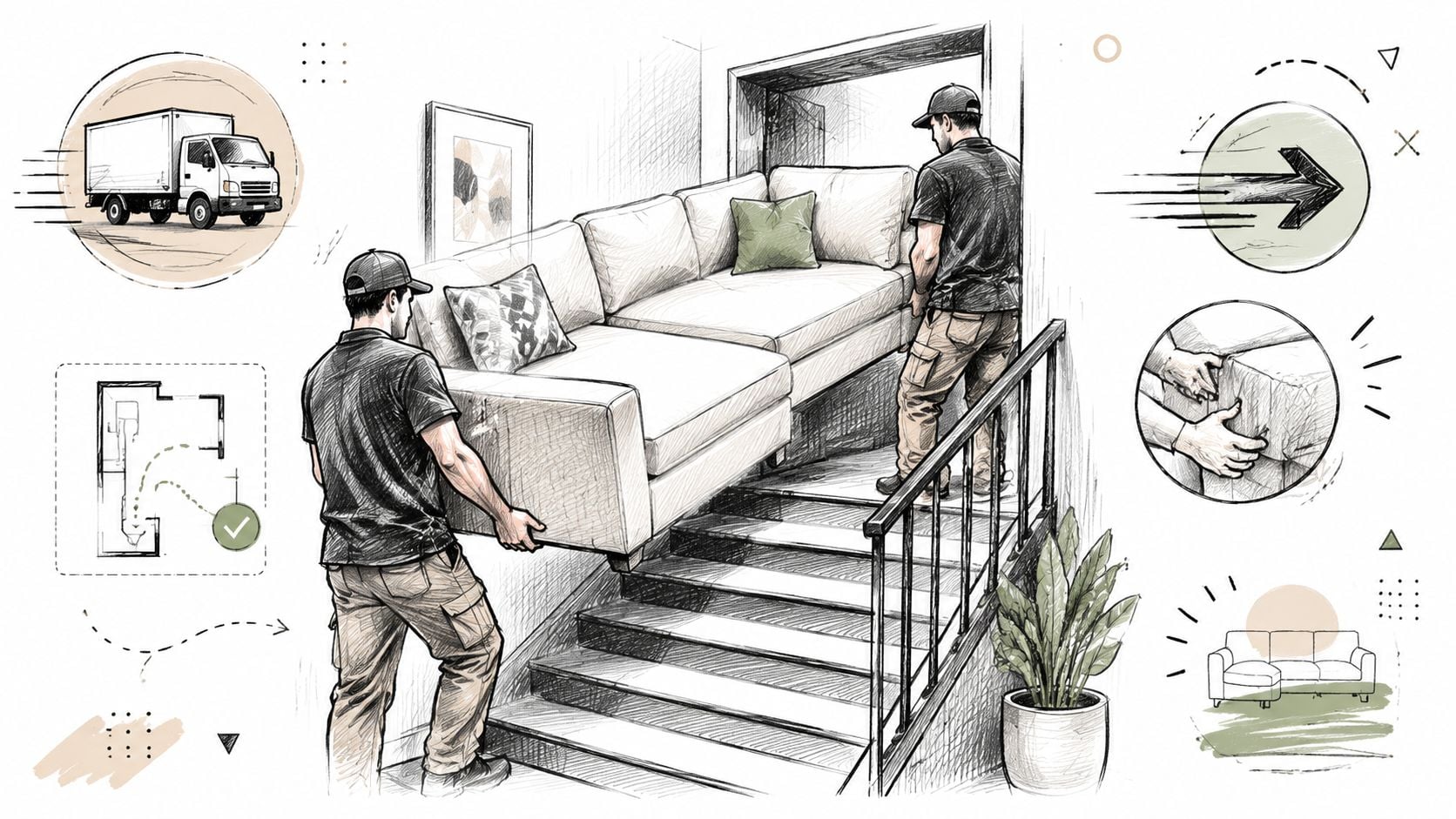 Two professional movers carefully carry a large sectional sofa up a set of indoor stairs.