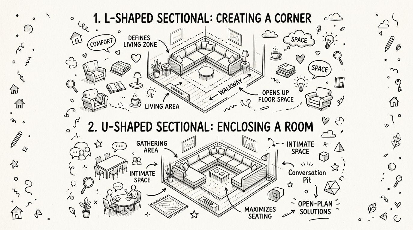 A hand-drawn illustration comparing L-shaped and U-shaped sectional sofa layouts in modern living room floor plans.