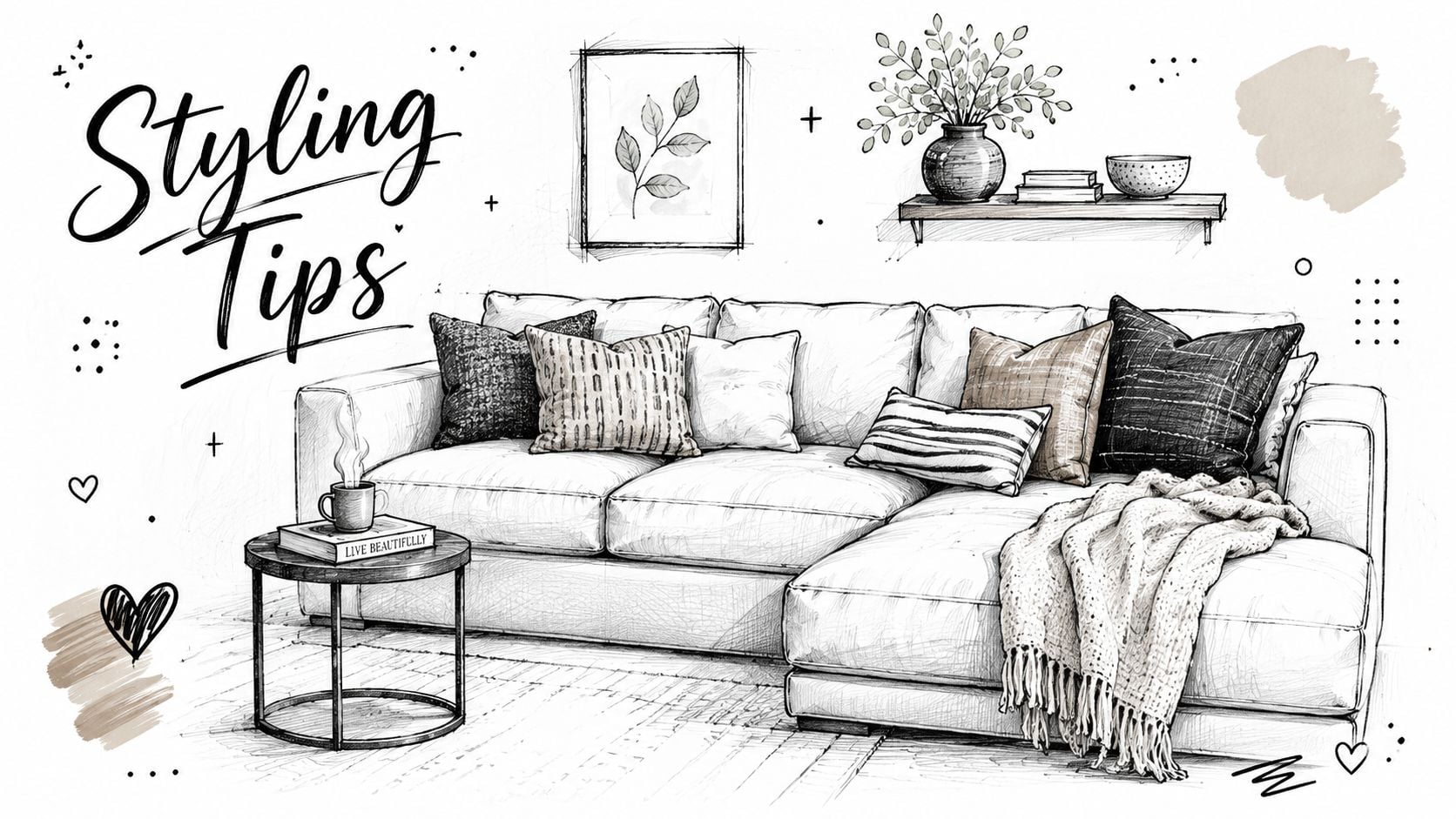 A detailed pencil sketch of a modern living room featuring a deep seat sectional sofa and decor.