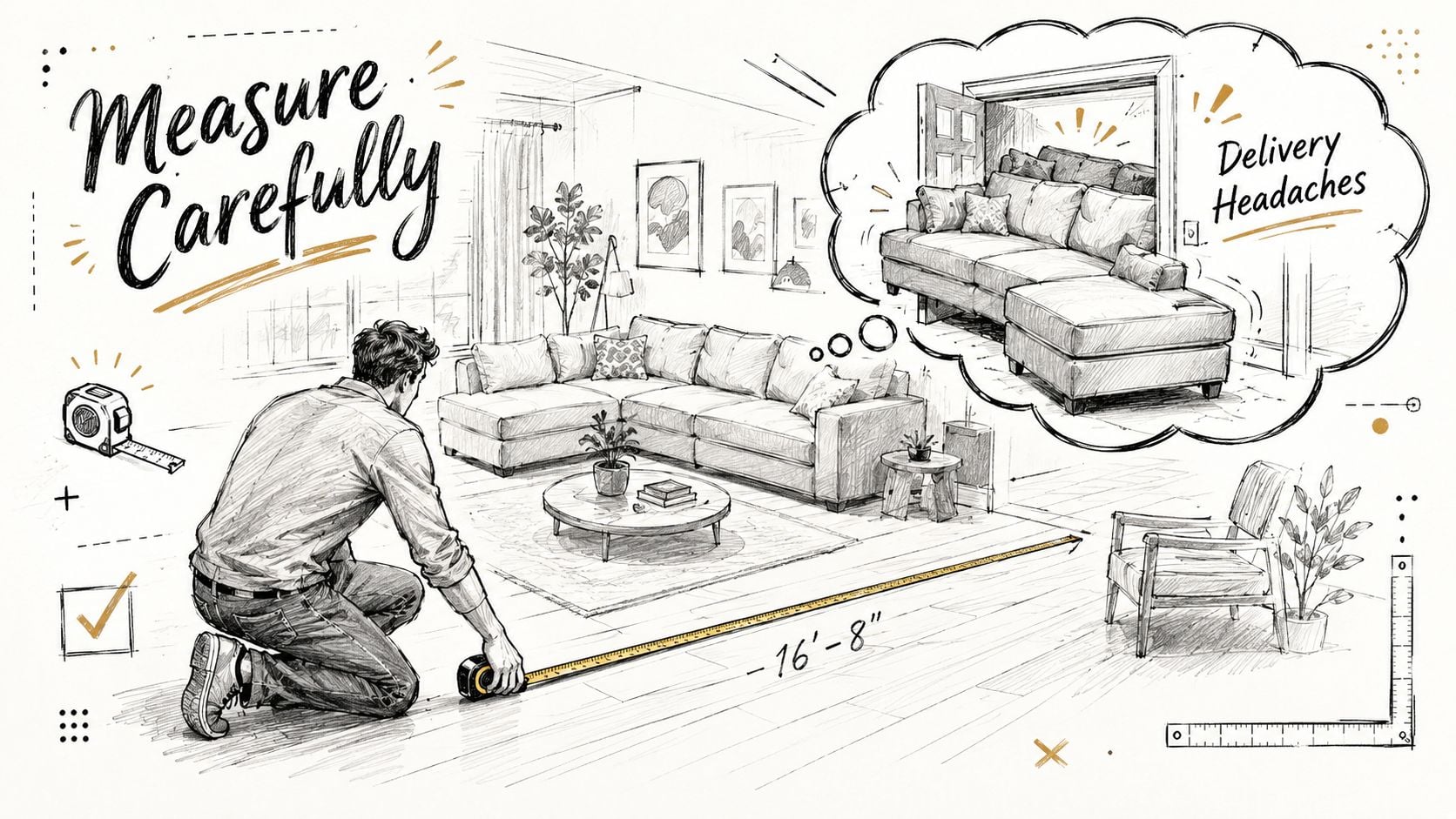 A man measuring a living room floor to ensure a new sofa fits through the doorway.