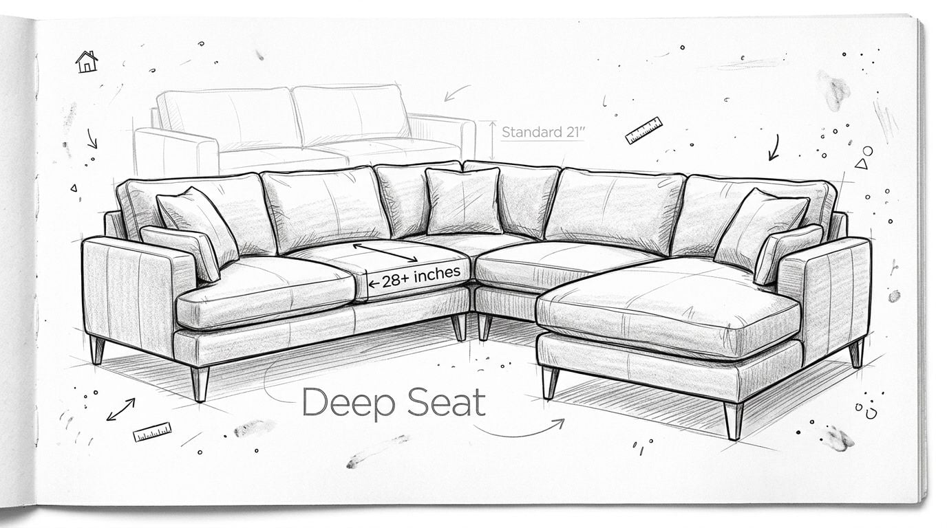 A charcoal sketch of a deep seat sectional sofa showing dimensions of 28 plus inches.