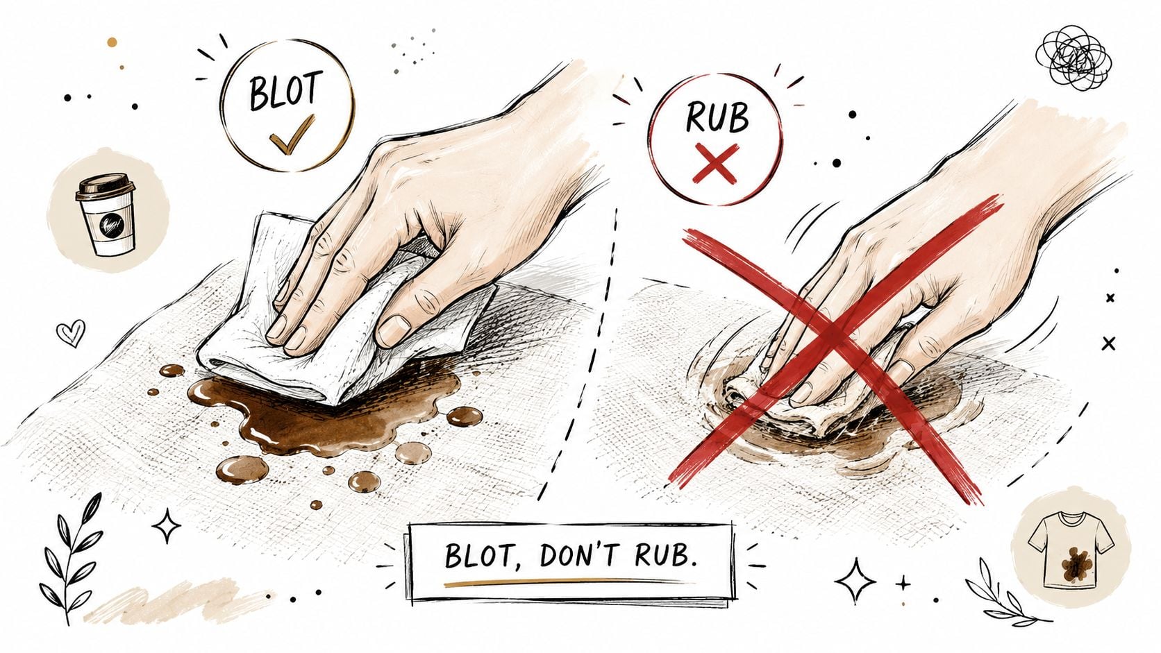 A hand using a cloth to blot a coffee stain on fabric, demonstrating proper stain removal technique.