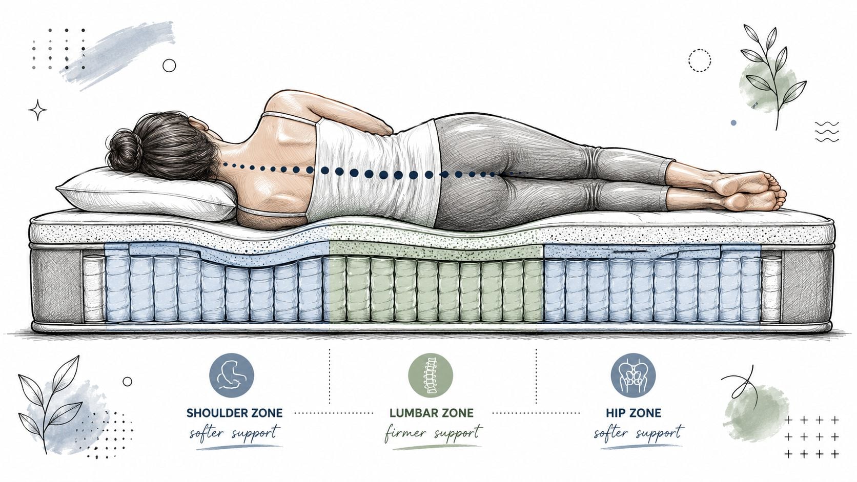 A cross-section illustration showing a person sleeping on a side-zoned ergonomic mattress with spine alignment support.