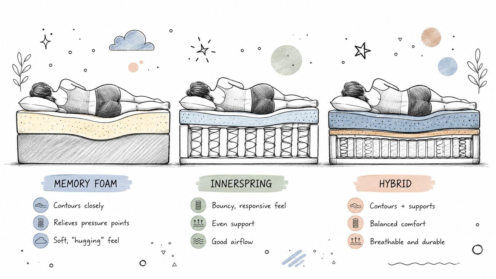 A diagram comparing the features of memory foam, innerspring, and hybrid mattresses for sleeping comfort.