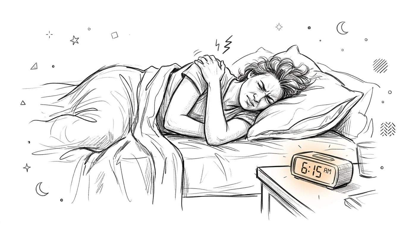 A person lying in bed looking uncomfortable with shoulder pain as the alarm clock shows 6:15 AM.