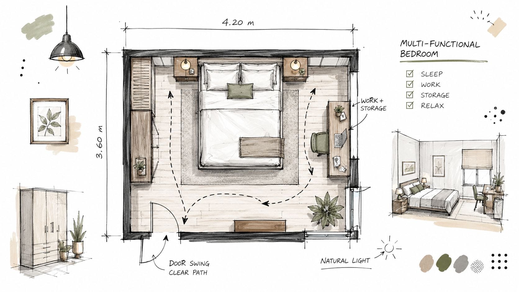 A detailed architectural floor plan and perspective sketch of a multi-functional bedroom design with furniture layout.