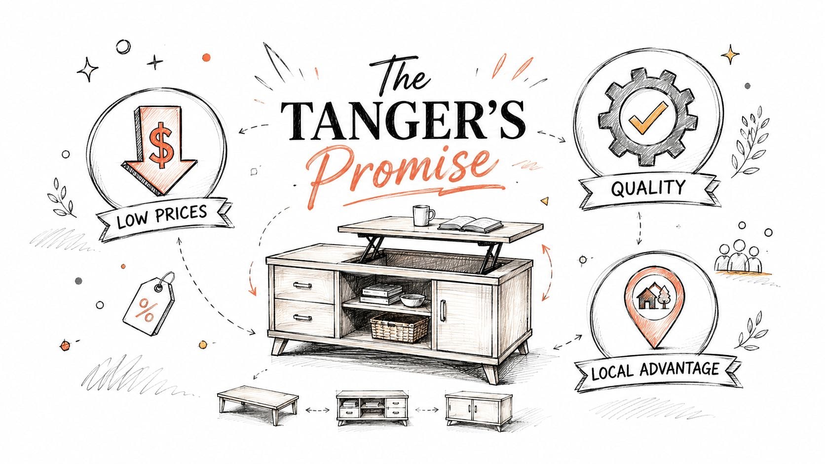 A hand-drawn illustration depicting a multi-functional wooden coffee table with a lifting top for storage.