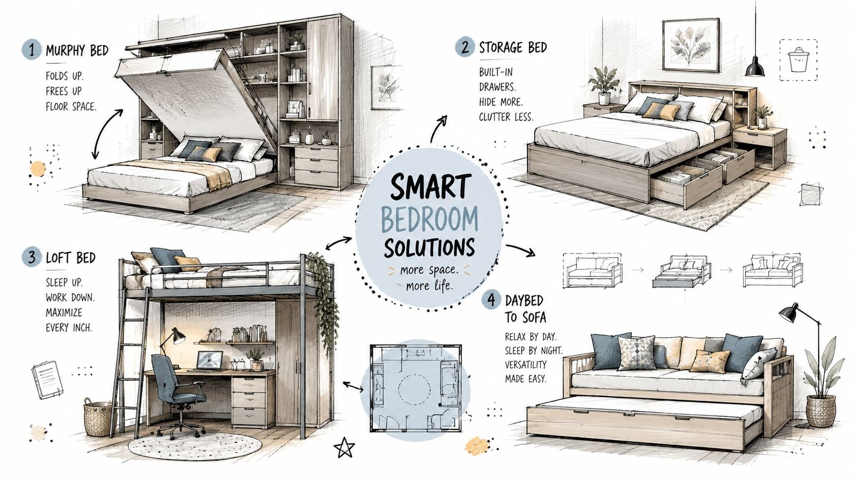 An illustration showing four smart bedroom furniture solutions including a Murphy bed, storage bed, loft bed, and daybed.