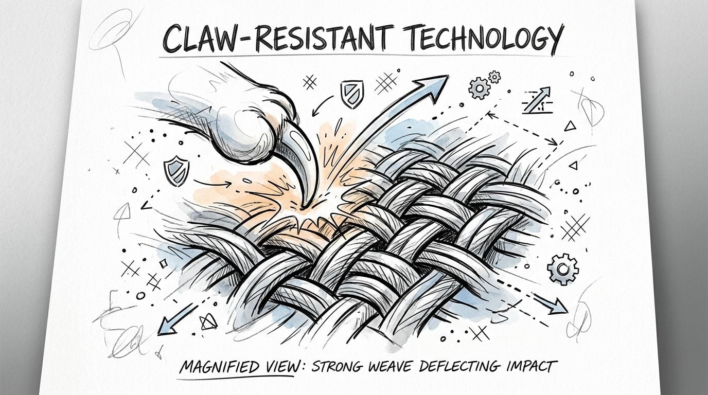 A detailed technical illustration showing a cat's claw being deflected by strong, durable pet-friendly upholstery fabric fibers.