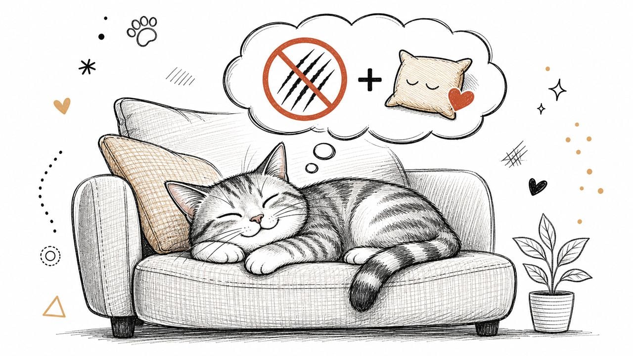 A happy cat sleeping on a sofa with a thought bubble illustrating no scratching and loving pillows.