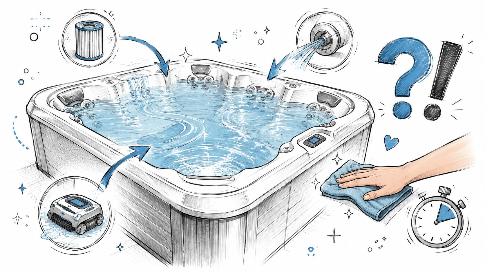 A hand cleaning a self cleaning hot tub with a cloth, accompanied by filter and robotic cleaner illustrations.
