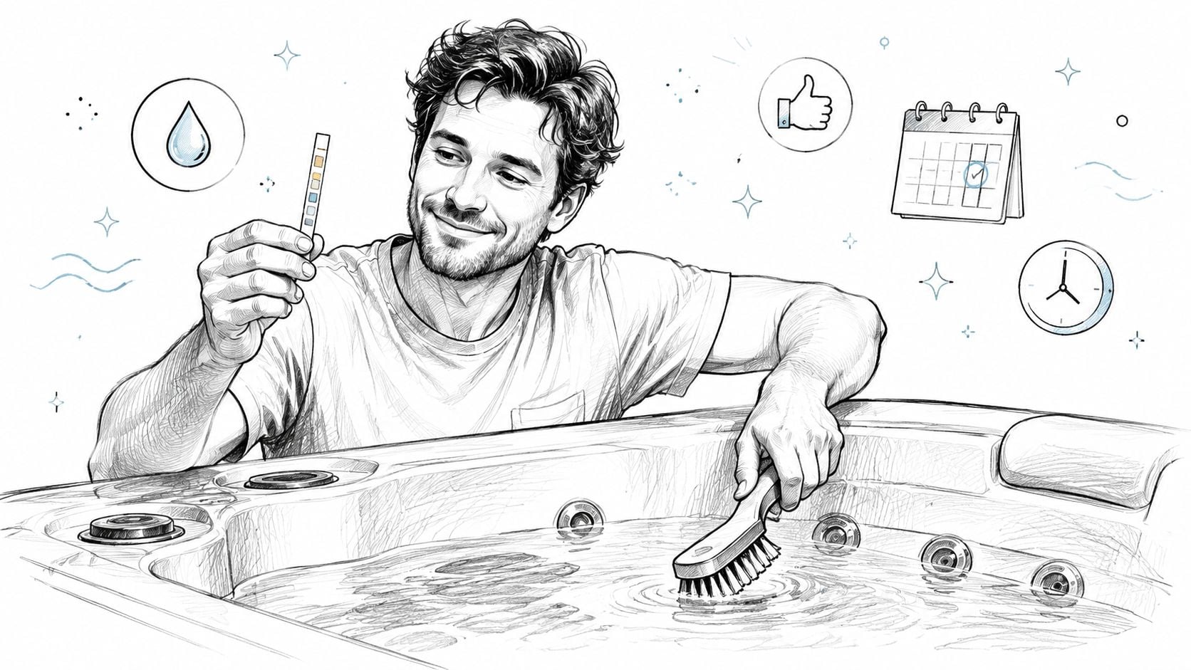 A man carefully testing and cleaning his hot tub to ensure water quality and maintenance.