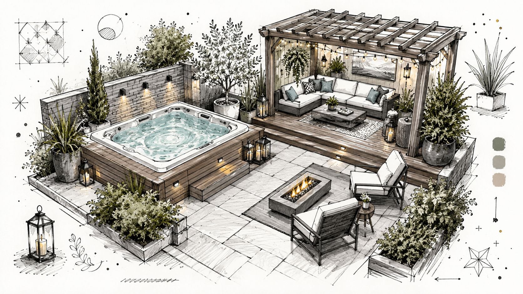 A sophisticated outdoor patio design featuring a self-cleaning hot tub, a pergola lounge, and a cozy fire pit.
