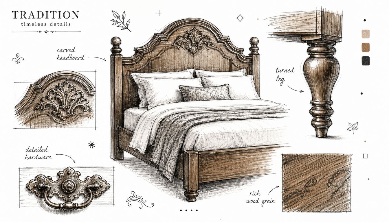 A detailed technical drawing illustration of a wooden bed frame featuring classic carved accents and elegant details.