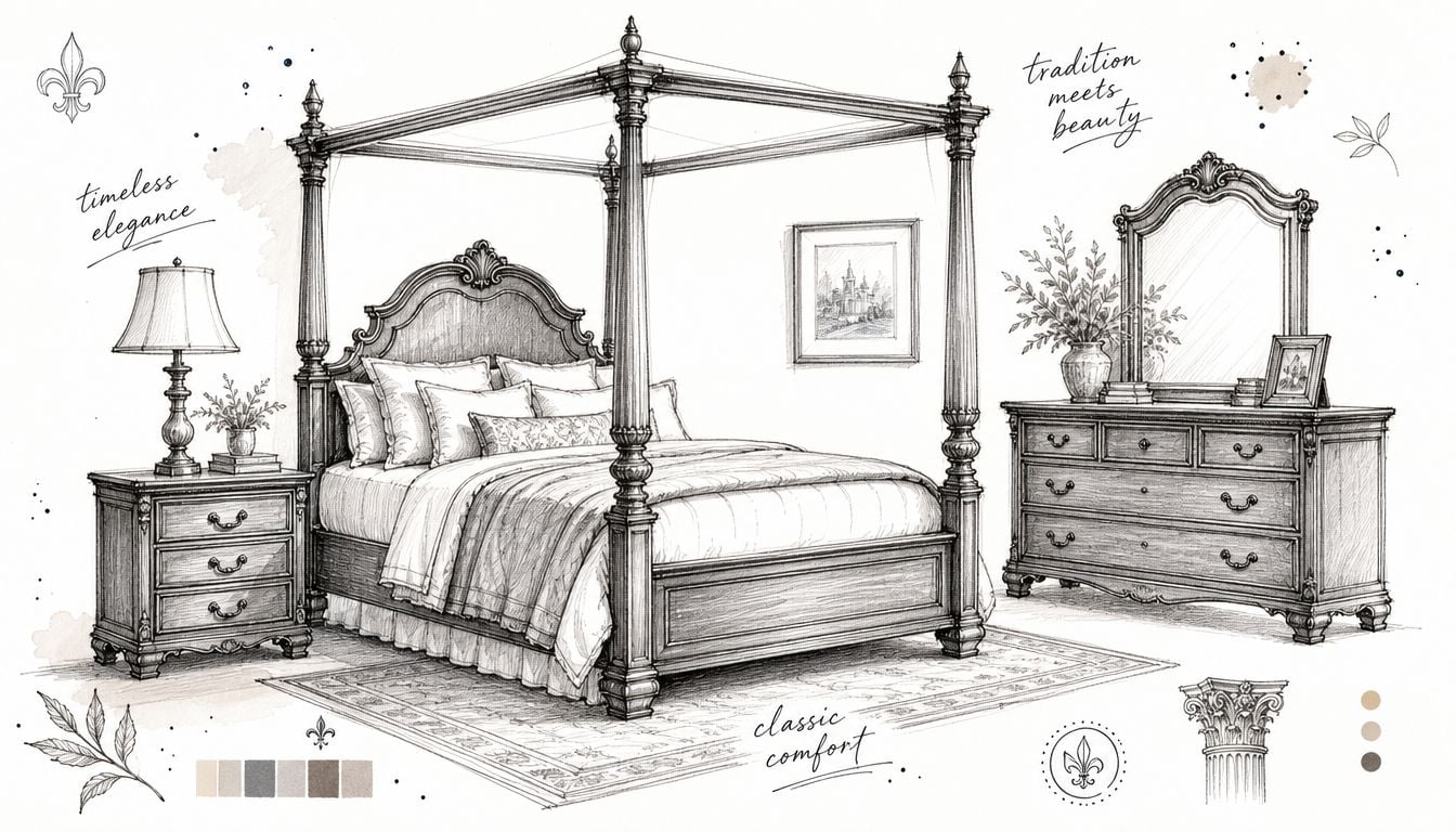 A detailed pencil sketch of a classic bedroom set featuring a four-poster bed and wooden dresser.