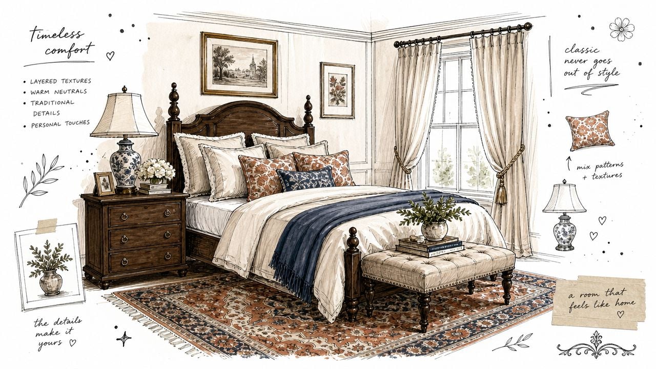A detailed watercolor sketch of a traditional style bedroom featuring wooden furniture and cozy bedding elements.