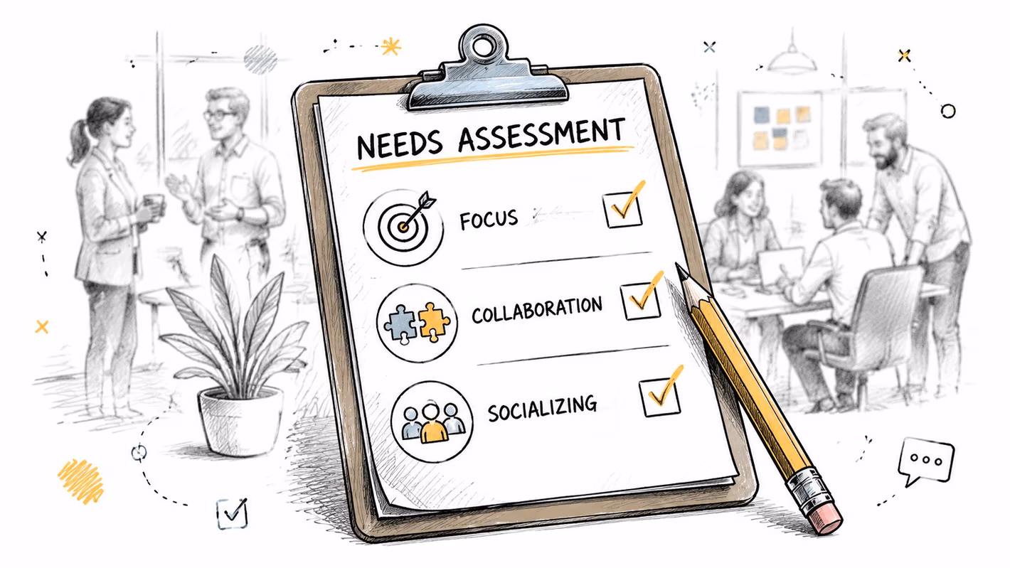 A pencil marking a checklist on a clipboard titled Needs Assessment about commercial office space planning.