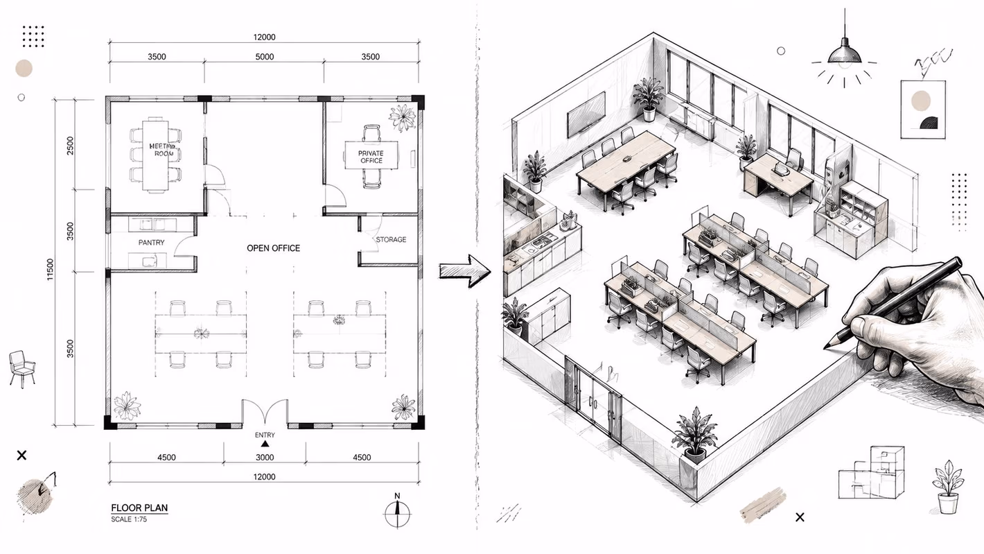 A detailed architectural floor plan and an isometric sketch of a modern commercial office layout design.