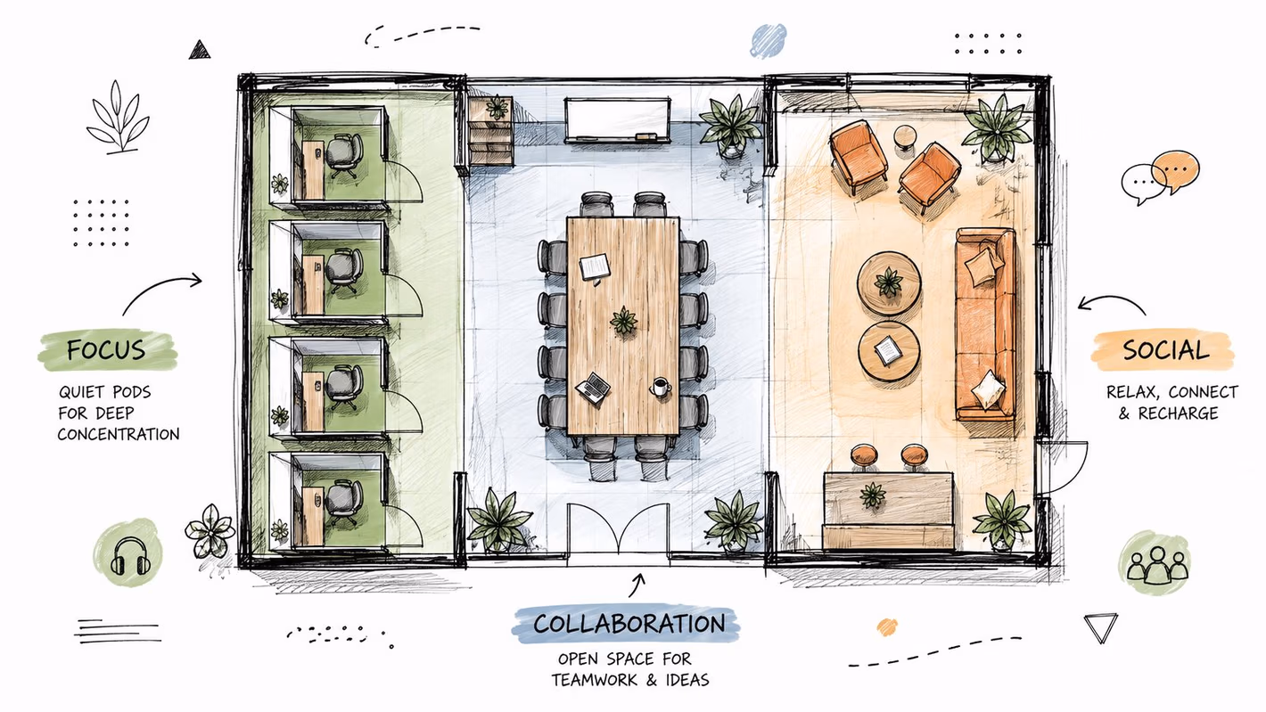 A top-down architectural floor plan illustration of a modern commercial office designed with focus, collaboration, and social zones.