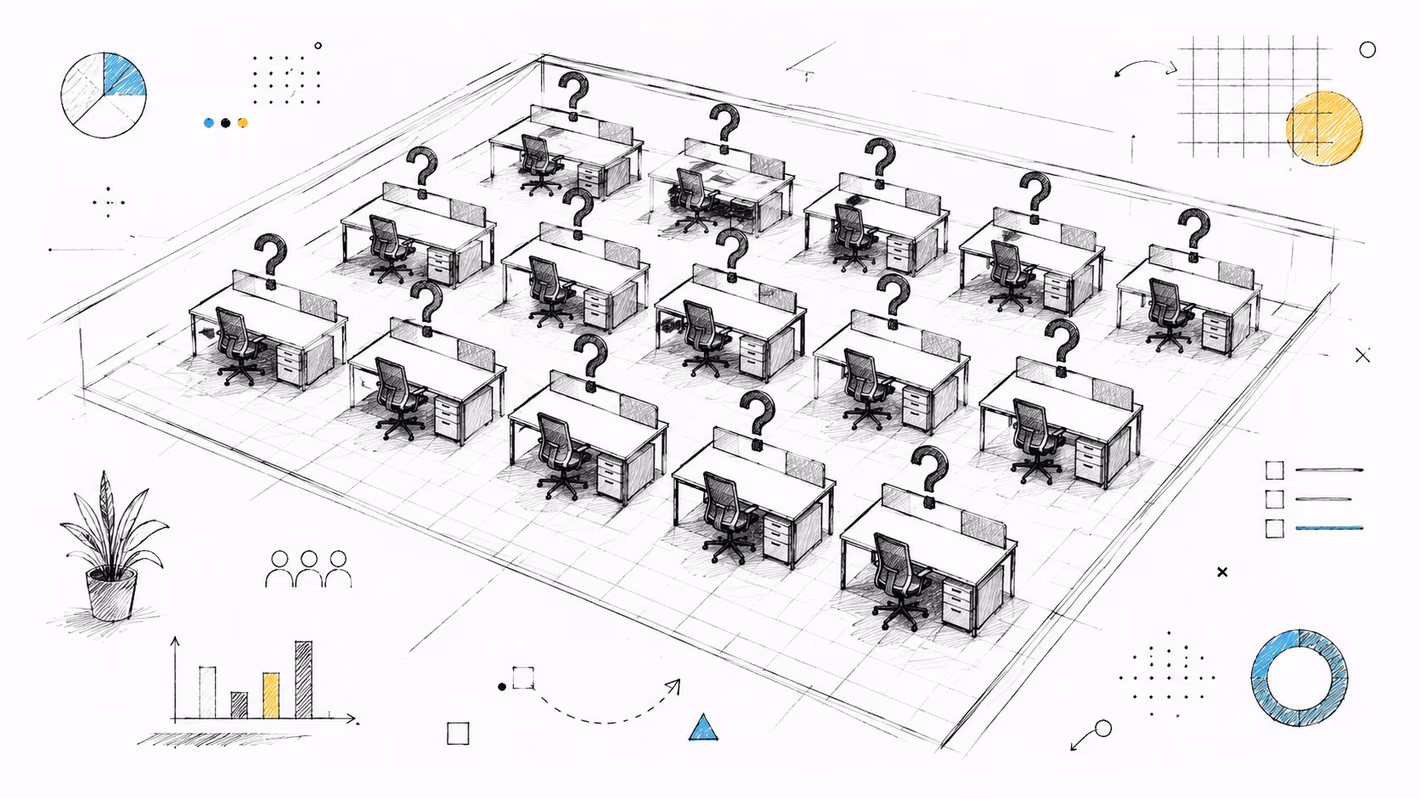 A pencil-style architectural sketch showing a large commercial office floor plan with empty cubicles and question marks.