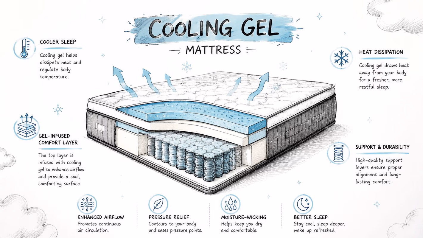 A diagram of a cooling gel mattress showing layered construction with arrows indicating heat dissipation and airflow.