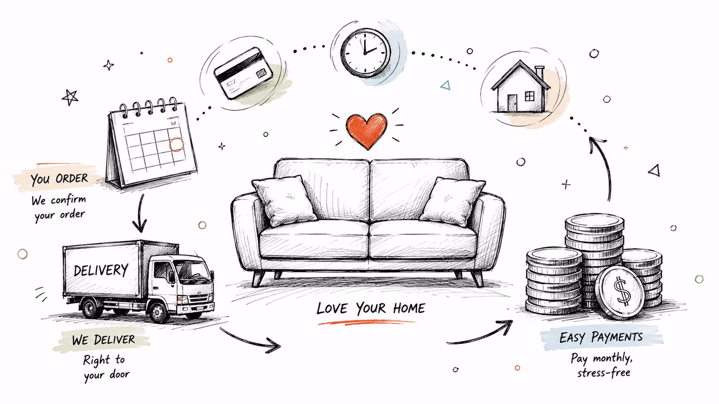 A hand-drawn illustration showing the simple furniture ordering process from home delivery to easy monthly payments.