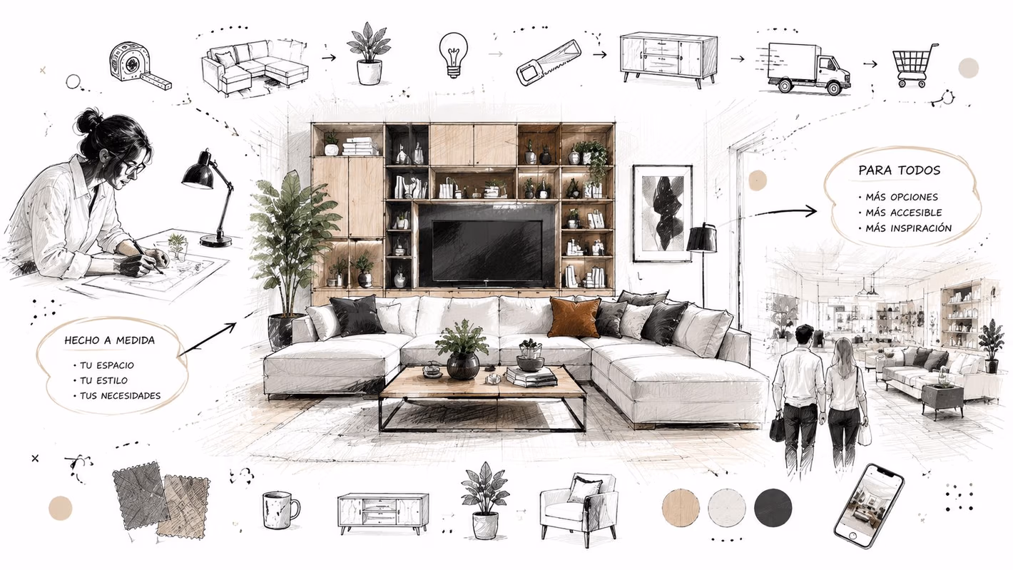 A detailed illustration showing a person designing custom furniture for a modern, stylish living room setting.