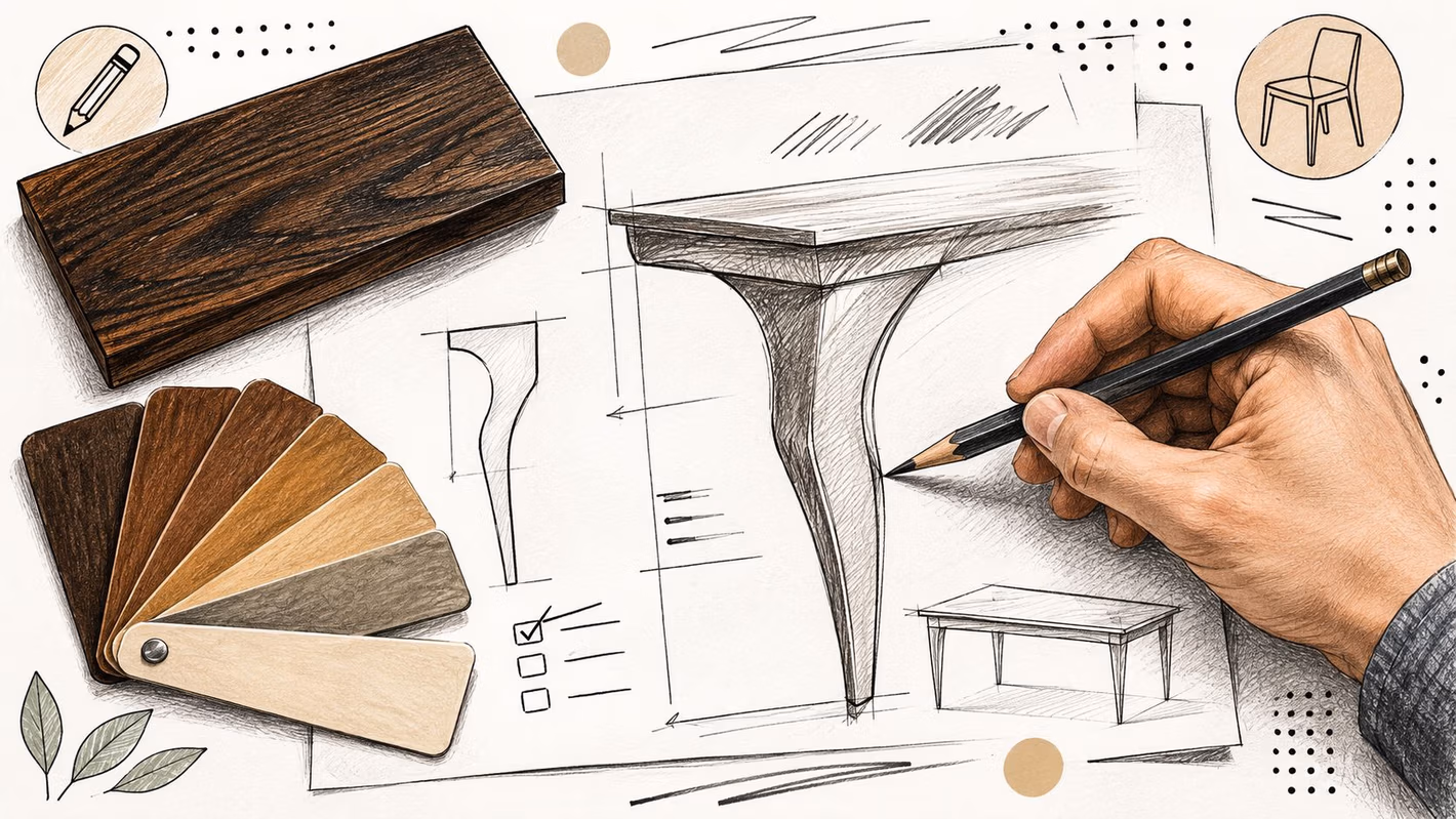 A hand sketching a furniture leg design on paper next to wood samples and a finished block.