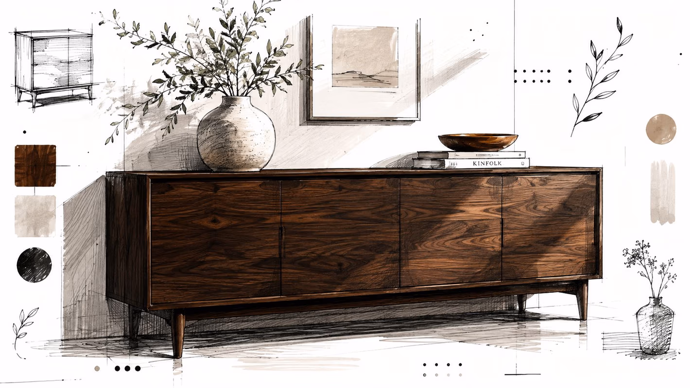 A modern dark wood side cabinet illustration with minimalist decor, vase, and books in a sketch style.