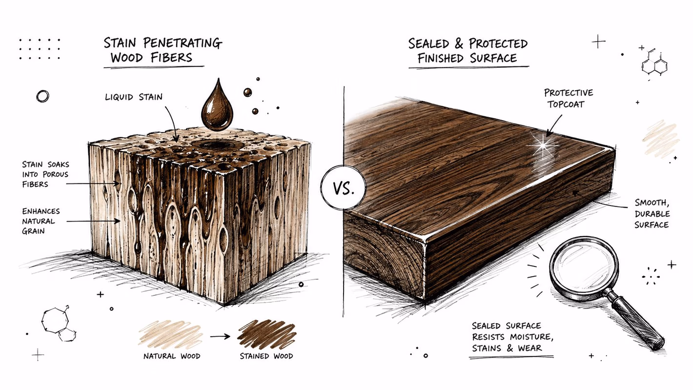 A diagram comparing wood staining that penetrates fibers versus applying a protective topcoat to a wooden surface.