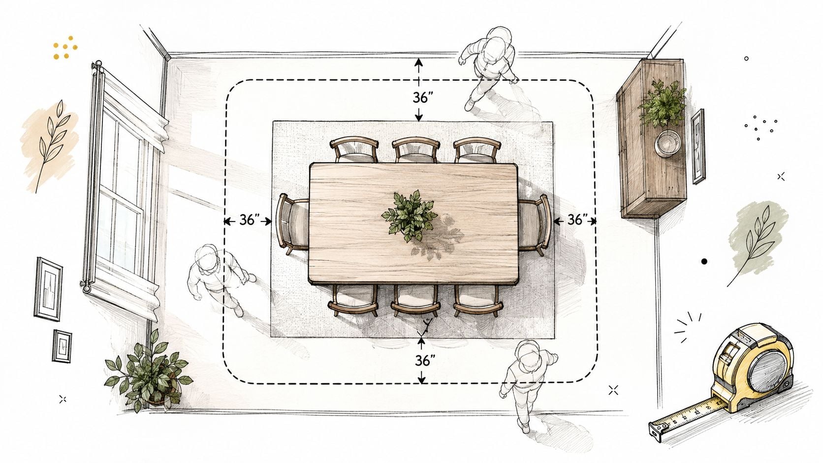 A top-down architectural sketch illustrating the recommended clearance space around a dining room table with chairs.