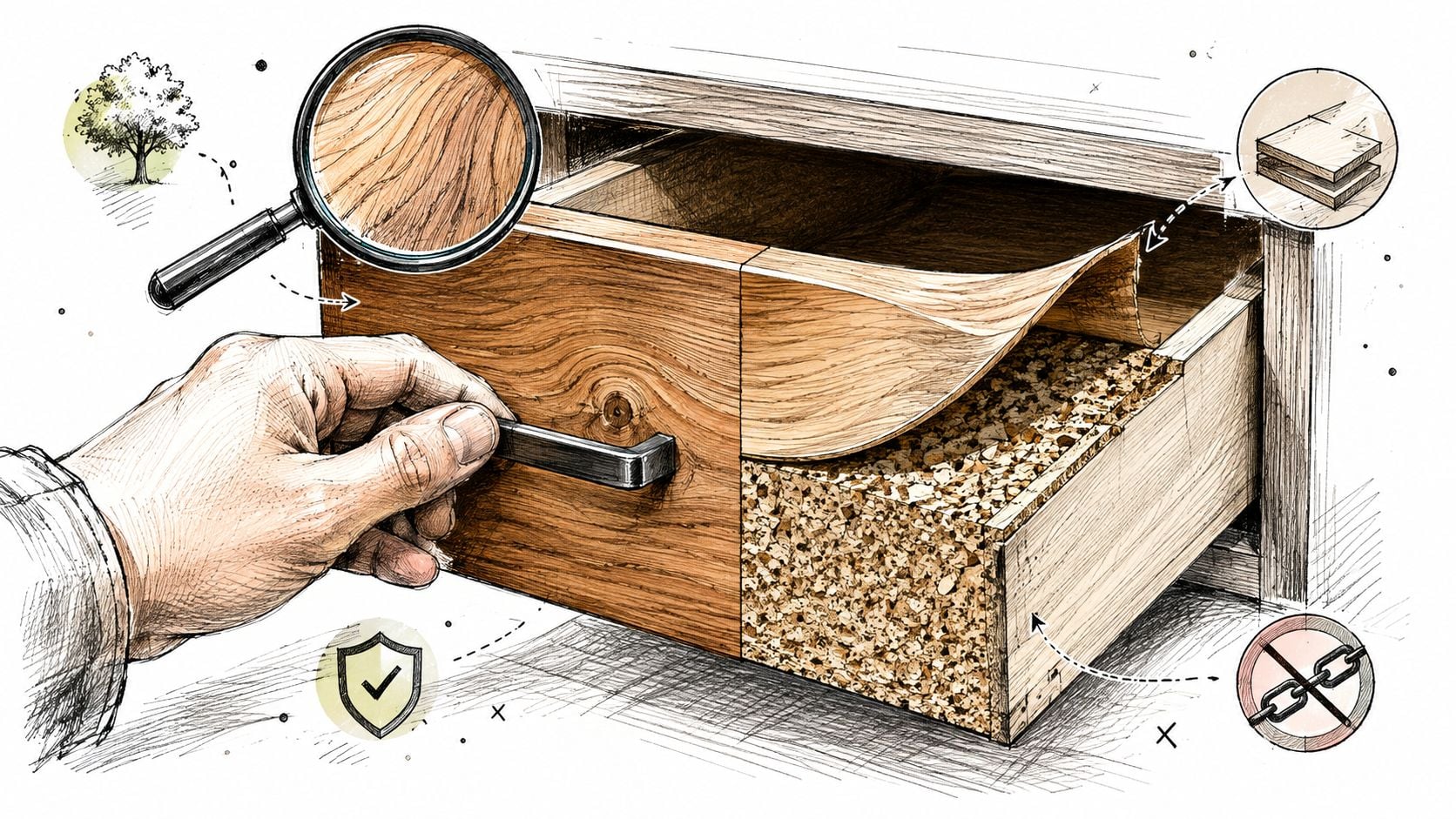 A detailed illustration showing a person pulling a wooden drawer with a cutaway view revealing particleboard construction.