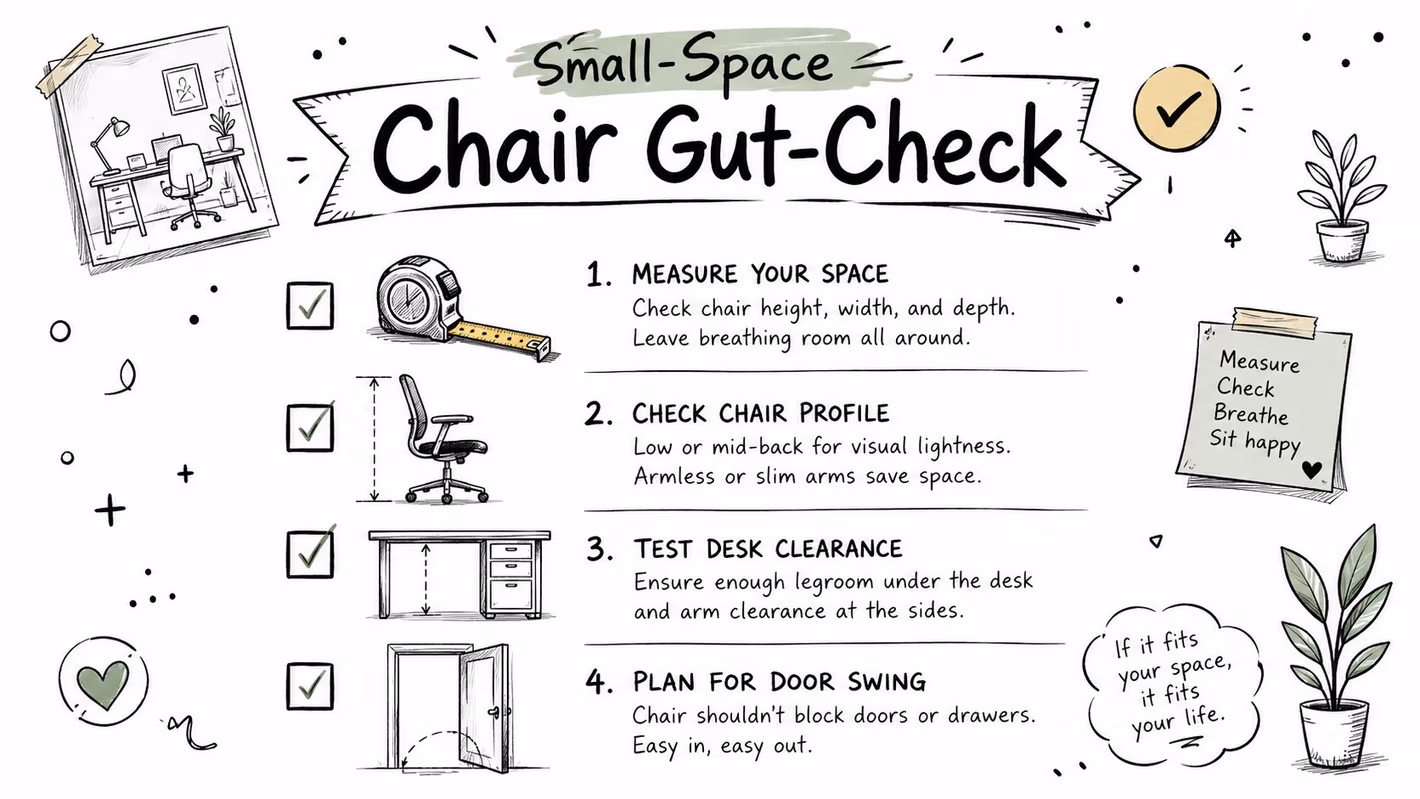 A hand-drawn instructional infographic titled Small-Space Chair Gut-Check with four numbered tips for choosing office chairs.