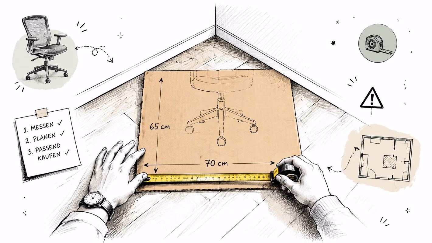 A person measuring a piece of cardboard on the floor to plan space for an office chair.