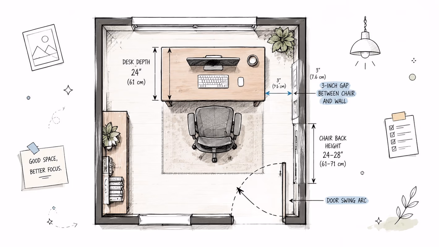 A top-down floor plan illustration showing an office layout with an ergonomic chair and desk measurements.
