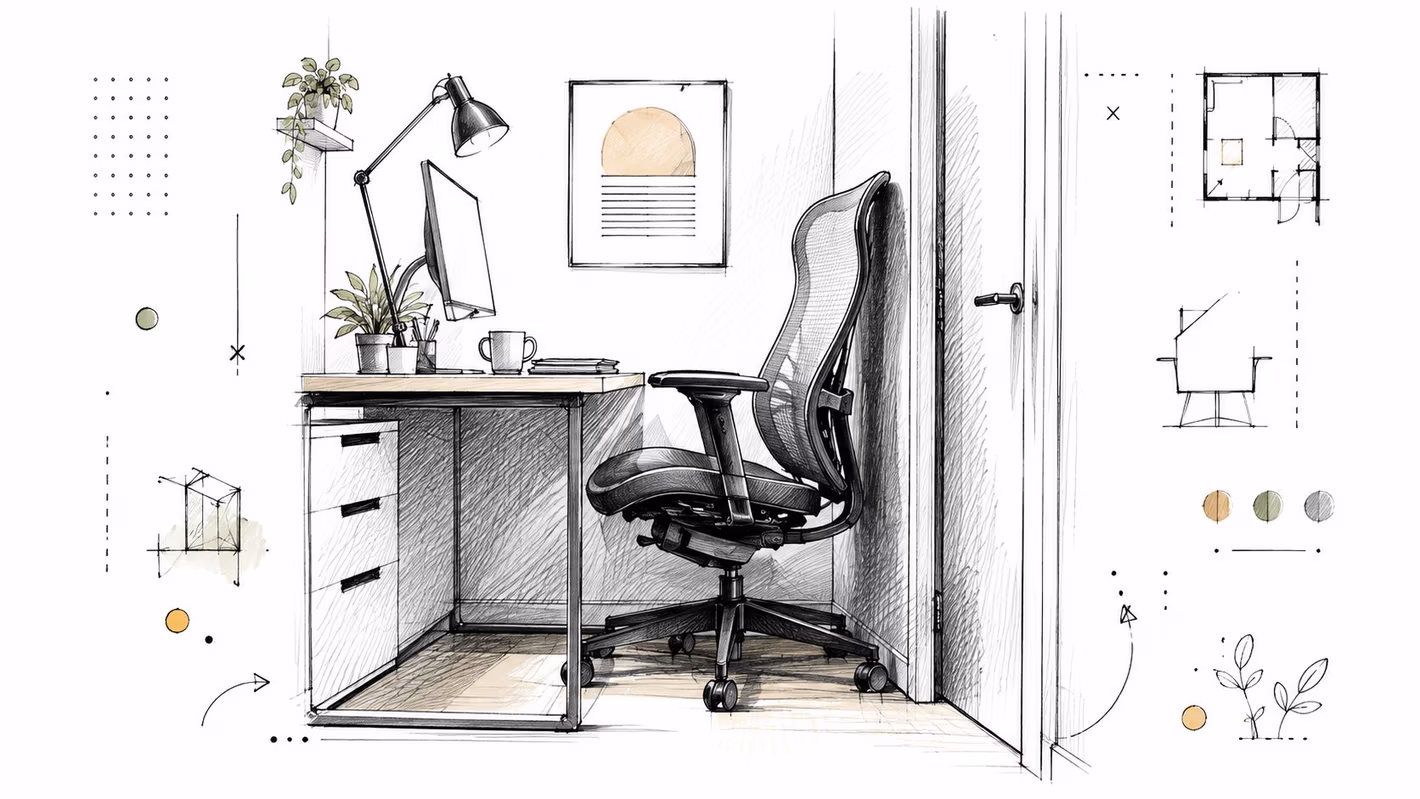 A detailed architectural sketch of a home office workspace featuring an ergonomic chair and a small desk.