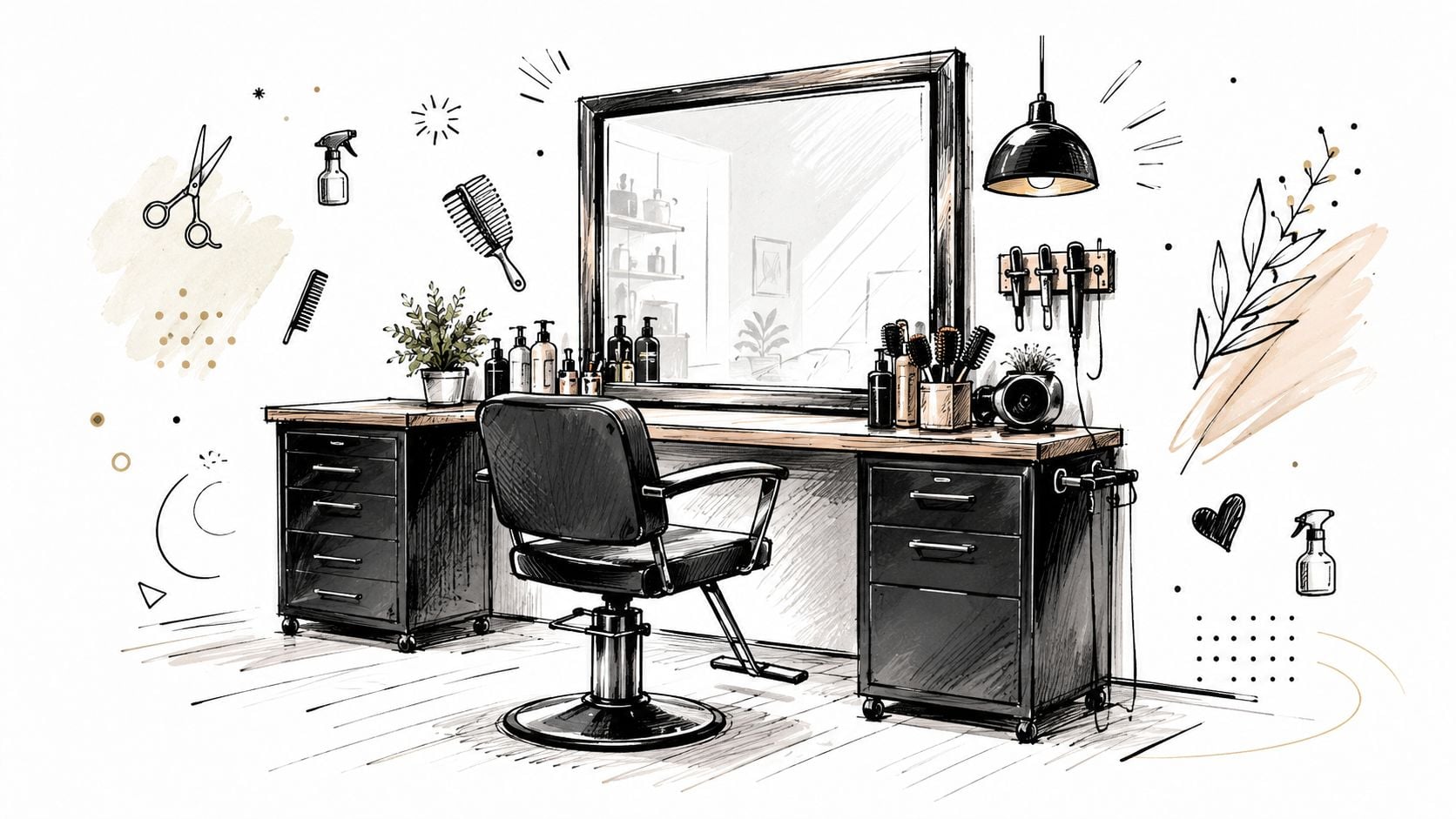 A professional hair salon styling station featuring a swivel chair, large mirror, and organized hair styling tools.