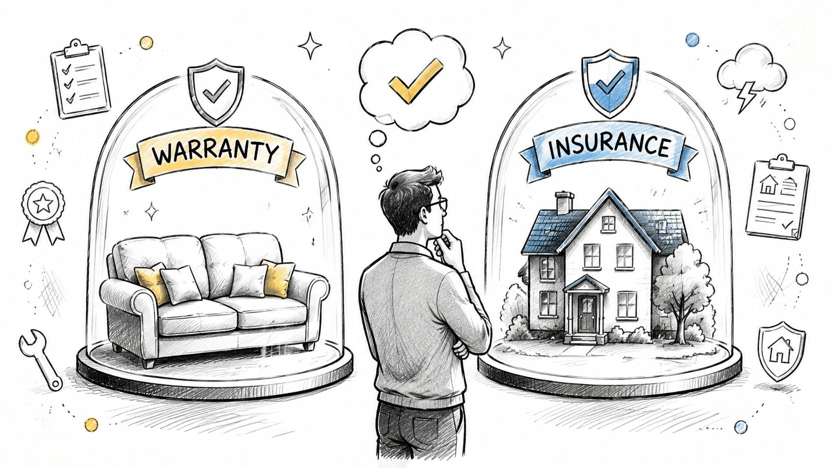 A person contemplating the difference between a product warranty for a sofa and home insurance protection.