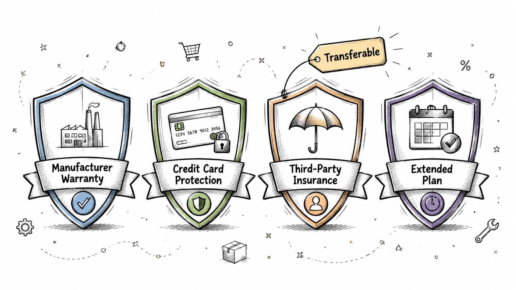 A hand-drawn illustration showing four shield icons representing manufacturer warranty, credit card protection, third-party insurance, and extended plans.