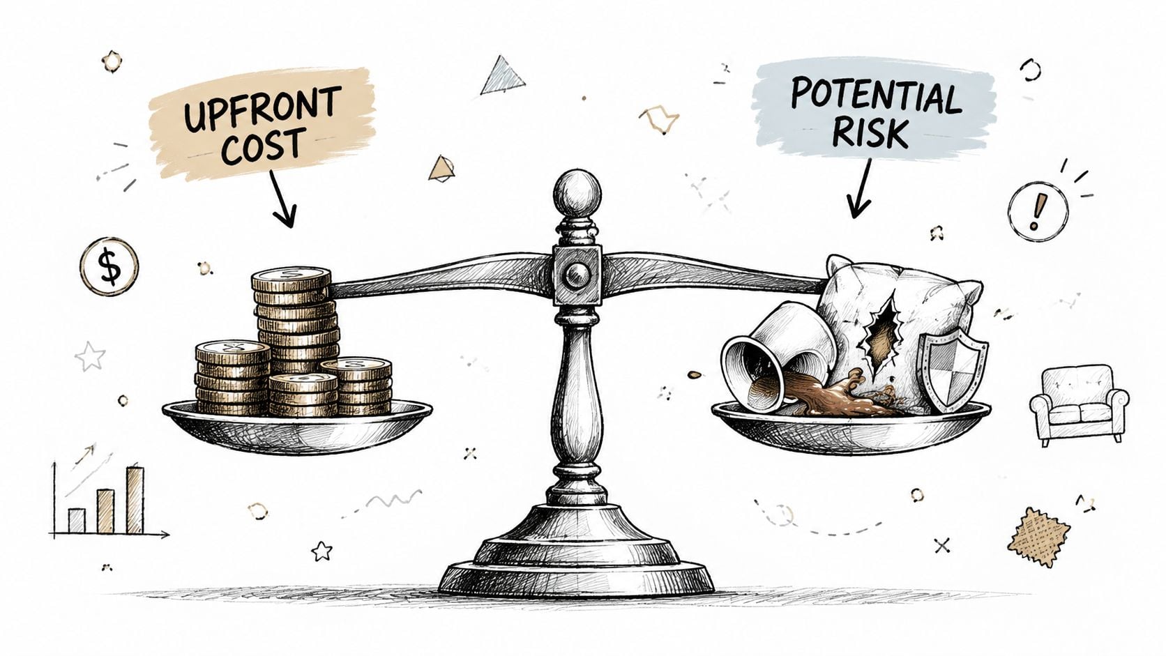 A conceptual illustration of a balance scale weighing upfront cost against potential risk with symbolic icons.