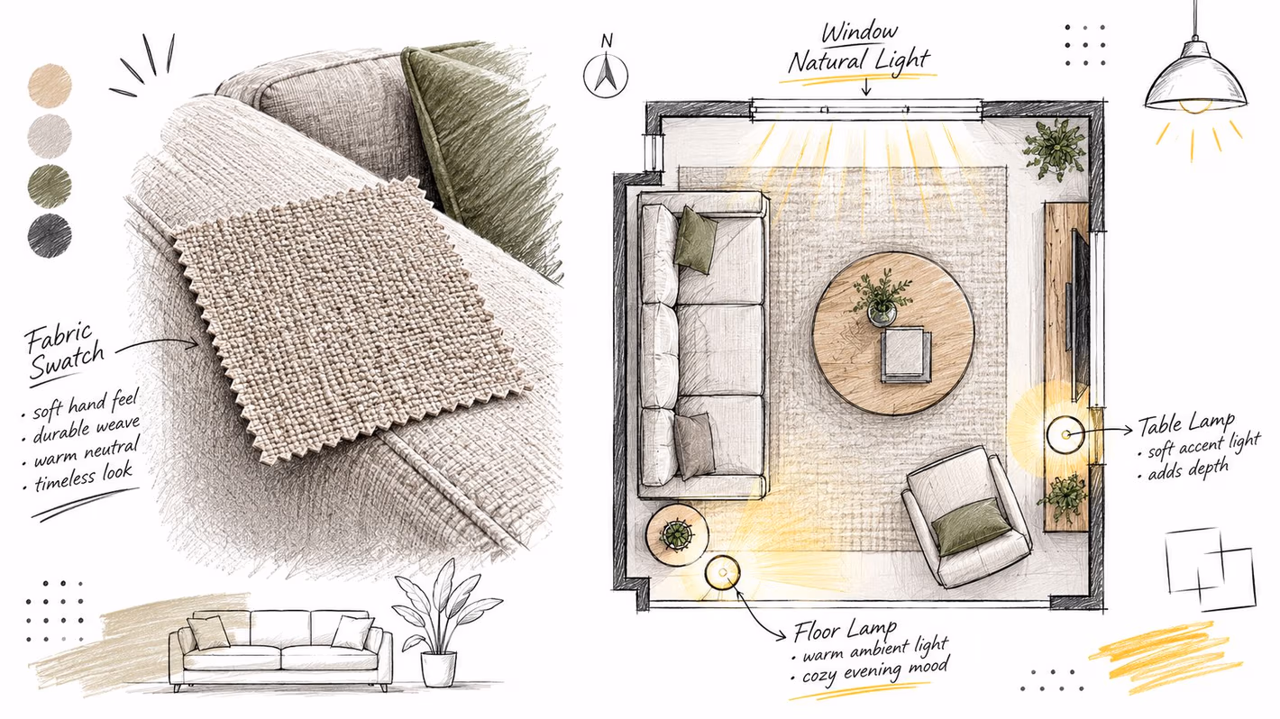 A detailed interior design sketch showing fabric swatches, a living room floor plan, and lighting layout.