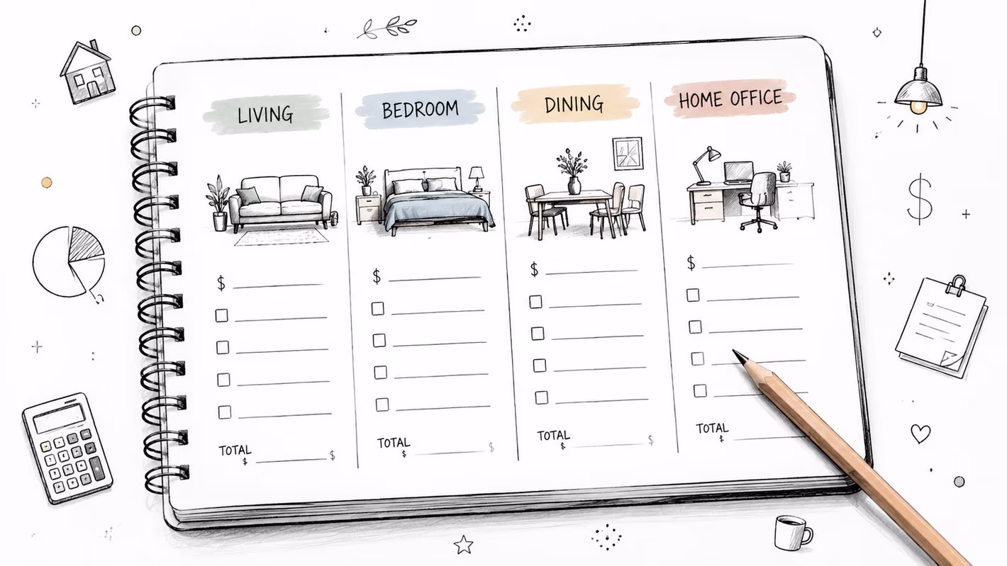 A hand-drawn notebook page divided into sections for living room, bedroom, dining, and home office furniture budgeting.
