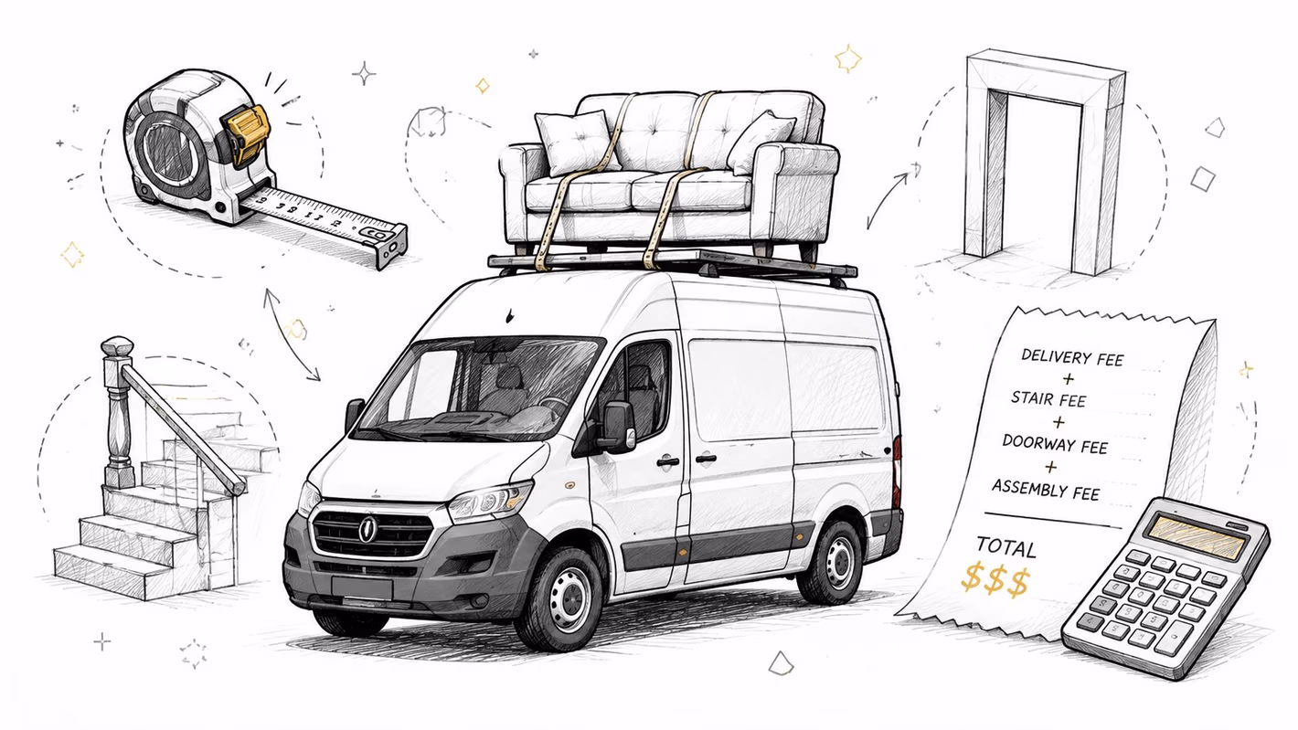 A pencil sketch illustration showing a delivery van carrying a sofa with measurement tools and cost calculation elements.